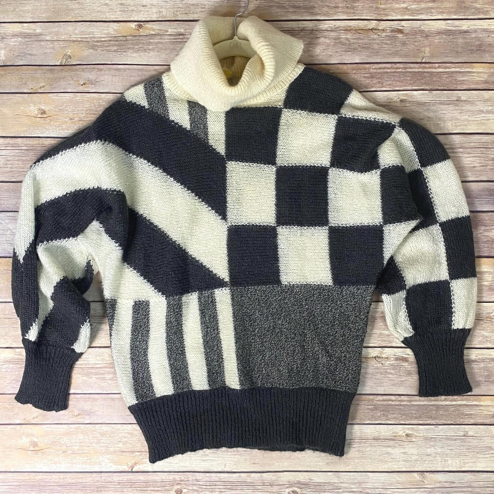 Vintage 80s Laurel Escada Kid Mohair Geometric Sweater Monochrome Knit Size 38